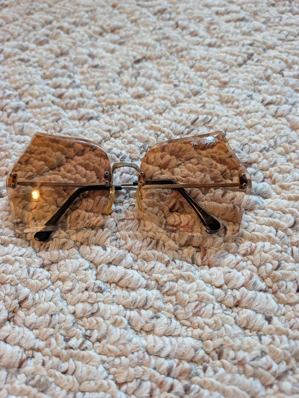 Vintage 70s Tri-Carats Rimless Amber Gradient Sunglasses Gold Tone Disco Retro